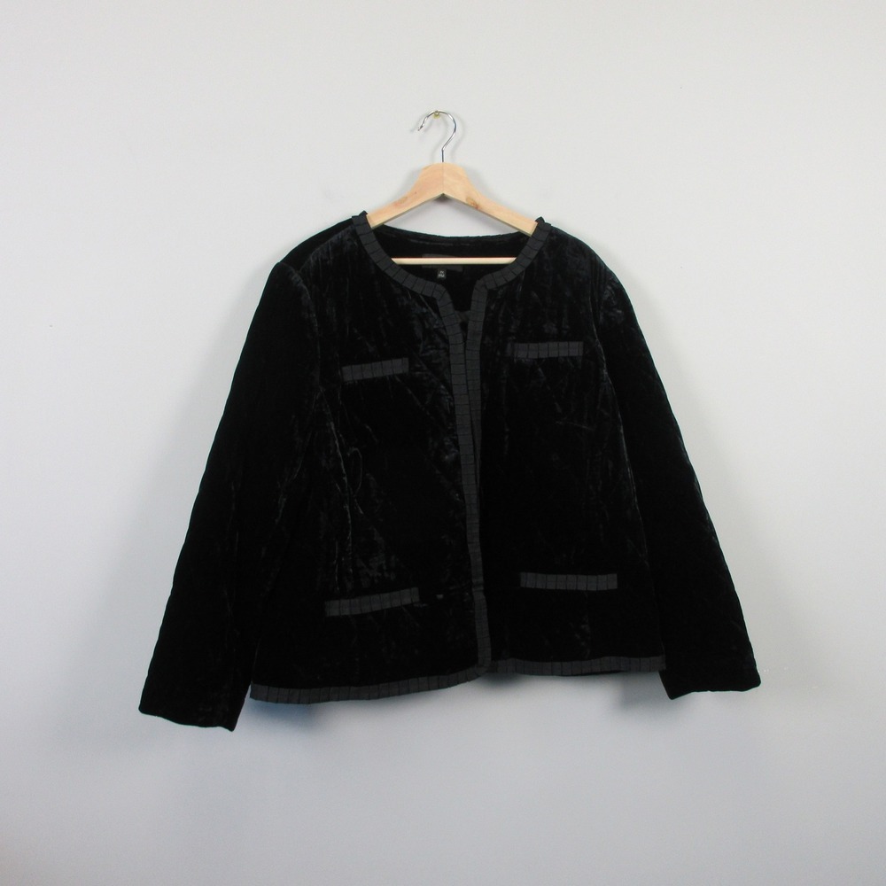 Talbots Quilted Velvet Blazer Jacket Women 2X Black Velour Ruffle Trim 680